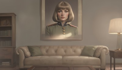 1girl,solo,looking at viewer,short hair,bangs,brown hair,brown eyes,sitting,closed mouth,indoors,blunt bangs,uniform,lips,book,military,military uniform,chair,table,bob cut,couch,realistic,bookshelf,lamp,photo (object),picture frame,armchair,painting (object),jacket,parody,portrait (object)