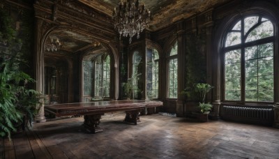 day,indoors,tree,no humans,window,chair,table,sunlight,plant,scenery,wooden floor,stairs,potted plant,bench,pillar,candlestand,chandelier,overgrown