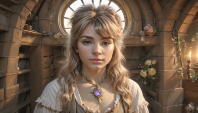 1girl,solo,long hair,looking at viewer,smile,blonde hair,brown hair,dress,brown eyes,jewelry,closed mouth,upper body,weapon,flower,sword,indoors,necklace,lips,window,rose,wavy hair,sunlight,plant,white flower,gem,pendant,freckles,curly hair,realistic,nose,fantasy,candle,white rose,brick wall,arch,breasts,cleavage,medium breasts,portrait