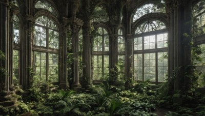 day,indoors,tree,no humans,window,leaf,sunlight,plant,nature,scenery,forest,ruins,vines,green theme,pillar,arch,moss,overgrown,column,grass,rock,architecture,statue,broken window