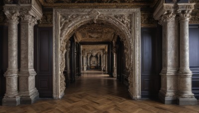 indoors,no humans,window,sunlight,scenery,stairs,door,architecture,pillar,statue,arch,column,shadow,wooden floor,light,floor,hallway,carpet,reflective floor