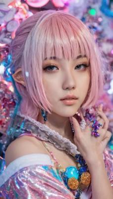 1girl,solo,looking at viewer,short hair,bangs,bare shoulders,jewelry,upper body,pink hair,earrings,parted lips,artist name,necklace,blurry,black eyes,lips,see-through,grey eyes,blurry background,ring,gem,realistic,nose,long hair,blue eyes,pointy ears,fingernails,eyelashes,watermark,portrait,freckles