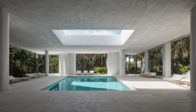 outdoors,sky,day,cloud,indoors,water,tree,blue sky,no humans,window,chair,table,sunlight,plant,nature,scenery,forest,tiles,pool,tile floor,pillar,grass,bush