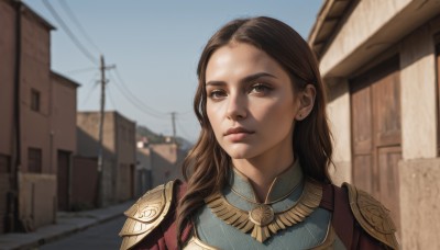 1girl,solo,long hair,looking at viewer,brown hair,brown eyes,jewelry,closed mouth,upper body,earrings,outdoors,sky,day,armor,blurry,blue sky,lips,depth of field,blurry background,shoulder armor,building,portrait,motor vehicle,pauldrons,realistic,nose,road,house,shoulder pads,power lines,street,sunlight,stud earrings