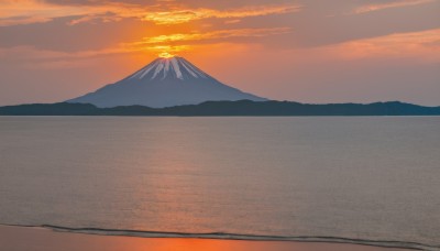 outdoors,sky,cloud,water,no humans,glowing,ocean,beach,cloudy sky,scenery,reflection,sunset,mountain,sun,horizon,landscape,mountainous horizon,gradient sky,shore,orange sky,red sky,monochrome