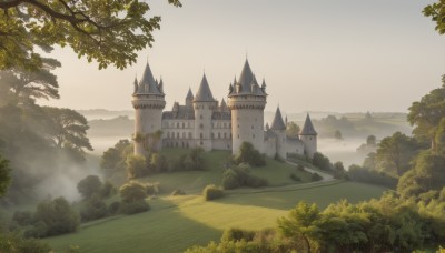 outdoors,sky,day,cloud,tree,no humans,grass,building,nature,scenery,forest,mountain,bush,river,castle,tower,landscape,fog,path,signature,water,sunlight,fantasy,lake