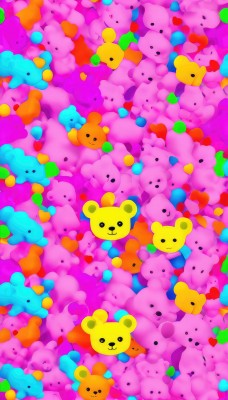 looking at viewer,smile,open mouth,closed mouth,closed eyes,heart,black eyes,pokemon (creature),no humans,:3,stuffed toy,stuffed animal,teddy bear,alternate color,solid circle eyes,shiny pokemon,too many,. .,odd one out,animal,rabbit,multicolored background,bear,colorful