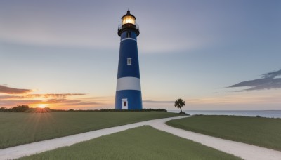 outdoors,sky,cloud,tree,blue sky,no humans,sunlight,grass,building,scenery,sunset,mountain,sun,road,lamppost,sunrise,hill,shadow,cloudy sky,nature,horizon,evening,tower,gradient sky,path,lighthouse