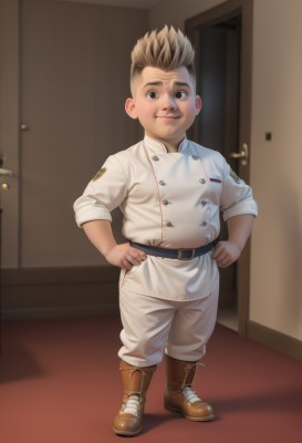 solo,looking at viewer,smile,short hair,blonde hair,brown hair,shirt,1boy,brown eyes,closed mouth,standing,full body,white shirt,male focus,boots,belt,pants,indoors,uniform,black eyes,buttons,brown footwear,child,hands on hips,black belt,realistic,white pants,door,male child,chef,spiked hair,undercut