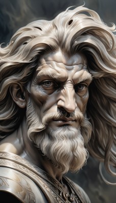 solo,long hair,looking at viewer,1boy,jewelry,closed mouth,upper body,white hair,male focus,earrings,grey eyes,facial hair,scar,portrait,beard,realistic,mustache,manly,old,old man,brown eyes,necklace,armor,lips,close-up,veins