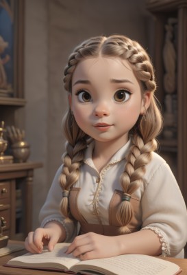 1girl,solo,long hair,looking at viewer,brown hair,shirt,long sleeves,brown eyes,jewelry,sitting,closed mouth,white shirt,upper body,braid,earrings,indoors,blurry,twin braids,lips,fingernails,book,eyelashes,depth of field,blurry background,table,child,hair over shoulder,forehead,freckles,open book,pencil,breasts,blonde hair,dress,artist name,realistic,nose,multiple braids