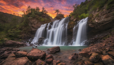 outdoors, sky, cloud, water, tree, dutch angle, no humans, nature, scenery, forest, sunset, rock, mountain, river, waterfall, landscape, cliff