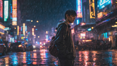 solo, short hair, black hair, 1boy, standing, jacket, male focus, outdoors, pants, hood, bag, blurry, from side, black jacket, profile, night, black pants, backpack, hood down, reflection, rain, city, hands in pockets, city lights, neon lights