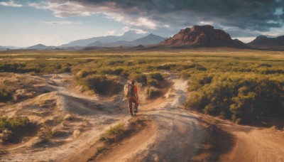 1girl,short hair,brown hair,shirt,1boy,hat,standing,male focus,boots,outdoors,sky,day,pants,cloud,bag,from behind,tree,blue sky,backpack,cloudy sky,grass,nature,scenery,forest,walking,mountain,road,wide shot,landscape,mountainous horizon,path,black hair,multiple boys,2boys