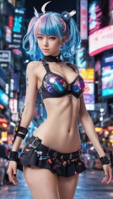 1girl,solo,breasts,looking at viewer,smile,short hair,bangs,blue eyes,skirt,hair ornament,navel,cleavage,bare shoulders,twintails,jewelry,medium breasts,closed mouth,underwear,blue hair,standing,purple eyes,pink hair,ahoge,multicolored hair,cowboy shot,pleated skirt,earrings,outdoors,choker,midriff,belt,miniskirt,blunt bangs,black skirt,stomach,nail polish,bra,blurry,collar,two-tone hair,lips,fingernails,tattoo,blurry background,chain,piercing,black bra,black nails,bikini top only,city,realistic,nose,swimsuit,bikini,artist name,night,depth of field,watermark,short twintails,wristband,web address,arms at sides