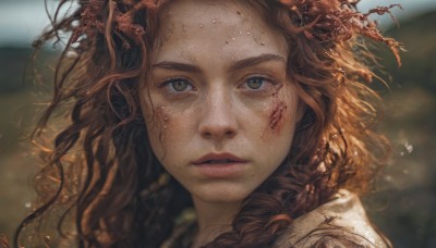 1girl,solo,long hair,looking at viewer,brown hair,brown eyes,green eyes,braid,parted lips,teeth,artist name,signature,mole,blurry,lips,blood,depth of field,blurry background,portrait,freckles,realistic,nose,outdoors,eyelashes,floating hair,wind,messy hair,close-up,injury,blood on face,dirty,dirty face,mole on cheek