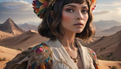 1girl,solo,looking at viewer,short hair,bangs,brown hair,hair ornament,brown eyes,jewelry,collarbone,upper body,outdoors,parted lips,sky,day,artist name,cloud,necklace,blue sky,lips,eyelashes,feathers,gem,mountain,realistic,nose,feather hair ornament,looking afar,mountainous horizon,desert,blush,portrait,scenery