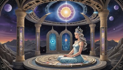 1girl,solo,long hair,breasts,hair ornament,dress,bare shoulders,jewelry,medium breasts,sitting,closed eyes,grey hair,sky,book,profile,moon,crown,star (sky),scenery,armlet,starry sky,mountain,magic circle,planet,pillar,blue eyes,night,night sky,seiza,sun,hands on lap,art nouveau