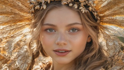 1girl,solo,long hair,looking at viewer,smile,blonde hair,brown hair,hair ornament,brown eyes,green eyes,parted lips,teeth,artist name,grin,lips,grey eyes,eyelashes,feathers,portrait,close-up,freckles,realistic,headdress,open mouth,upper teeth only,veil,nose