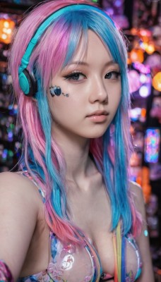 1girl,solo,long hair,breasts,looking at viewer,bangs,cleavage,bare shoulders,medium breasts,closed mouth,blue hair,collarbone,swimsuit,upper body,pink hair,bikini,multicolored hair,star (symbol),bra,blurry,black eyes,two-tone hair,lips,parted bangs,grey eyes,eyelashes,gradient hair,makeup,depth of field,blurry background,headphones,watermark,facial mark,bikini top only,web address,realistic,nose,mascara,blue eyes,artist name,tattoo