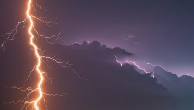 solo,outdoors,sky,cloud,no humans,scenery,silhouette,electricity,lightning,monochrome,night,cloudy sky,nature,night sky,sunset,mountain,dark,landscape