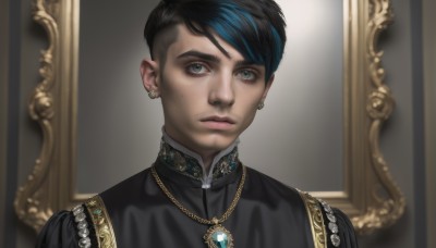 solo,looking at viewer,short hair,blue eyes,black hair,1boy,jewelry,closed mouth,blue hair,upper body,male focus,multicolored hair,earrings,necklace,mole,blurry,two-tone hair,lips,grey eyes,mole under eye,facial hair,piercing,gem,ear piercing,portrait,freckles,realistic,portrait (object),1girl,bangs,grey background,streaked hair,black shirt,swept bangs,nose,blue gemstone