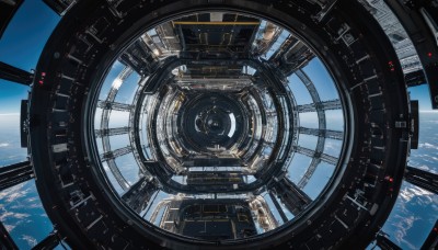 sky,day,cloud,blue sky,dutch angle,no humans,scenery,science fiction,space,planet,earth (planet),spacecraft,signature,window,star (sky),floating,machinery,realistic,cockpit