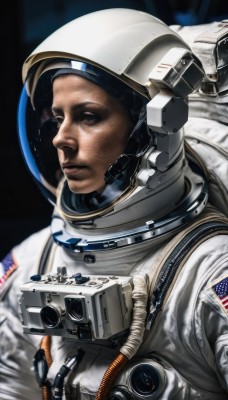 solo,looking at viewer,1boy,upper body,male focus,signature,dark skin,lips,helmet,science fiction,realistic,space,american flag,spacesuit,japanese flag,space helmet,astronaut,1girl,blue eyes,serious,planet,earth (planet),spacecraft,pilot,united states