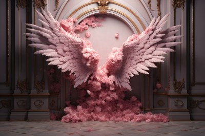 PREMIUM,flower,wings,indoors,petals,no humans,rose,scenery,feathered wings,pink flower,angel wings,door,white wings,tile floor,pink theme,pink rose,pillar,rose petals,multiple wings,still life,column,1girl,solo,pink hair,angel,tiles