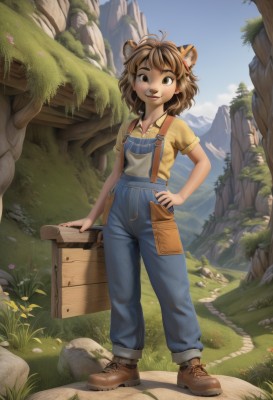 1girl,solo,looking at viewer,smile,short hair,open mouth,bangs,brown hair,shirt,hair ornament,animal ears,brown eyes,standing,full body,flower,short sleeves,boots,outdoors,sky,teeth,day,artist name,medium hair,bag,tree,blue sky,hand on hip,upper teeth only,brown footwear,suspenders,antenna hair,grass,denim,child,extra ears,yellow shirt,rock,mountain,female child,overalls,collarbone,tail,parted lips,shoes,nail polish,lips,plant,nature,scenery,cross-laced footwear,forest,freckles,tiger ears,cliff