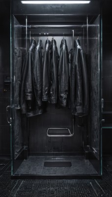 monochrome,indoors,no humans,tiles,tile floor,locker,still life,seat,bodysuit,scenery,rain,6+others