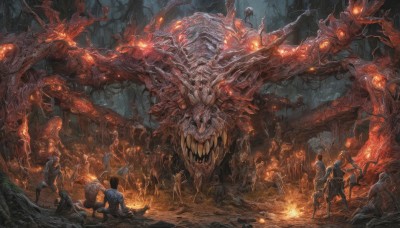 open mouth,holding,weapon,multiple boys,teeth,sword,armor,glowing,helmet,fire,sharp teeth,glowing eyes,6+boys,monster,shield,fantasy,size difference,battle,giant,skeleton,cave,short hair,multiple girls,black hair,sitting,standing,outdoors,pants,holding weapon,tree,kneeling,holding sword,backpack,walking,running,molten rock