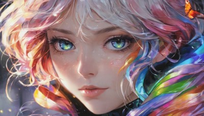 1girl,solo,looking at viewer,smile,short hair,bangs,blue eyes,blonde hair,hair ornament,closed mouth,green eyes,white hair,multicolored hair,lips,eyelashes,floating hair,portrait,light particles,close-up,multicolored eyes,nose,eye focus,blue hair,pink hair,parted lips,blurry,gradient hair,bug,butterfly,freckles,pink lips,colorful