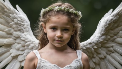 1girl,solo,long hair,looking at viewer,blonde hair,brown hair,dress,bare shoulders,brown eyes,closed mouth,upper body,flower,wings,white dress,lips,feathered wings,angel wings,realistic,white wings,angel,head wreath,simple background,pointy ears,portrait