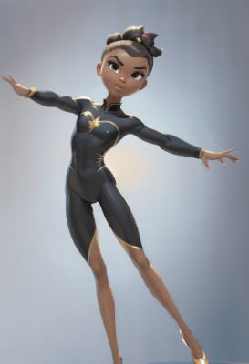 1girl,solo,breasts,looking at viewer,short hair,black hair,hair ornament,long sleeves,brown eyes,jewelry,closed mouth,standing,full body,small breasts,dark skin,nail polish,covered nipples,dark-skinned female,lips,gradient,gradient background,bodysuit,covered navel,single hair bun,outstretched arms,skin tight,spread arms,black bodysuit,undercut,very dark skin,brown hair,hair bun,child