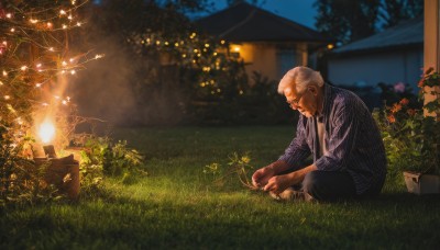 solo,short hair,shirt,long sleeves,1boy,sitting,closed eyes,flower,white hair,grey hair,male focus,outdoors,necktie,sky,striped,collared shirt,pants,blurry,tree,night,facial hair,black pants,grass,plant,building,night sky,beard,striped shirt,indian style,house,old,fireworks,old man,glasses,depth of field,blurry background,fire,box,scenery,lantern,realistic,branch,bald