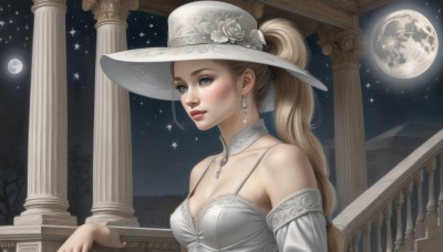 1girl,solo,long hair,breasts,looking at viewer,blue eyes,blonde hair,hat,dress,cleavage,bare shoulders,jewelry,medium breasts,collarbone,upper body,ponytail,flower,earrings,outdoors,detached sleeves,sky,choker,white dress,tree,lips,makeup,detached collar,night,rose,white headwear,moon,white flower,star (sky),night sky,full moon,starry sky,sun hat,realistic,nose,railing,hat flower,red lips,white rose,pillar,balcony,blush,necklace,hat feather