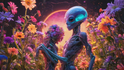 solo, flower, from side, no humans, robot, science fiction, purple flower, alien, humanoid robot