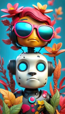 solo,looking at viewer,1boy,upper body,pink hair,flower,male focus,sky,blurry,blue sky,no humans,headphones,leaf,blue background,sunglasses,plant,robot,1other,tinted eyewear,humanoid robot,1girl,blue eyes,hair ornament,glasses,artist name,hair flower,colored skin,frown,pink-framed eyewear