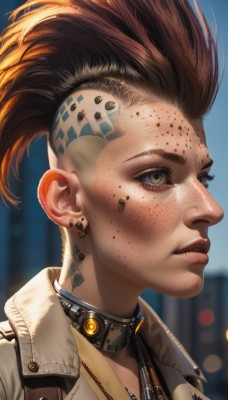 1girl,solo,looking at viewer,short hair,brown hair,brown eyes,jewelry,jacket,earrings,parted lips,teeth,artist name,blurry,collar,lips,grey eyes,blood,tattoo,blurry background,piercing,ear piercing,portrait,freckles,science fiction,realistic,nose,undercut,cyborg,mohawk,cyberpunk,neck tattoo,green eyes,upper body,choker,necklace,orange hair,eyelashes,depth of field,stud earrings,dirty