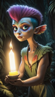 1girl,solo,breasts,looking at viewer,short hair,blue eyes,dress,holding,jewelry,closed mouth,green eyes,blue hair,pink hair,small breasts,outdoors,parted lips,sleeveless,pointy ears,necklace,flat chest,bracelet,tree,lips,makeup,glowing,colored skin,leaf,facial mark,fire,feathers,plant,lipstick,gem,nature,forest,green dress,red lips,candle,facepaint,forehead jewel,candlelight,hair ornament,collarbone,upper body,purple hair,red hair,multicolored hair,artist name,eyelashes,gradient hair,eyeshadow,bangle,eyeliner,feather hair ornament,orange skin