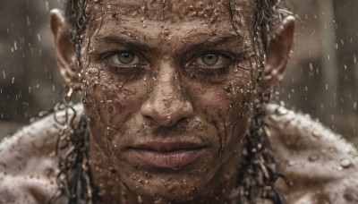 1girl,solo,long hair,looking at viewer,black hair,1boy,brown eyes,jewelry,closed mouth,braid,male focus,earrings,dark skin,water,necklace,blurry,lips,wet,blurry background,scar,portrait,scar on face,close-up,rain,water drop,realistic,wet hair,brown hair,pointy ears,depth of field