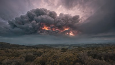 outdoors,sky,day,cloud,tree,no humans,cloudy sky,grass,fire,nature,scenery,forest,smoke,mountain,horizon,field,explosion,landscape,burning,ocean