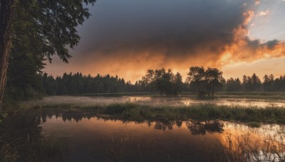 outdoors,sky,cloud,water,tree,no humans,sunlight,cloudy sky,grass,nature,scenery,forest,reflection,sunset,river,evening,lake,gradient sky,orange sky,reflective water,landscape