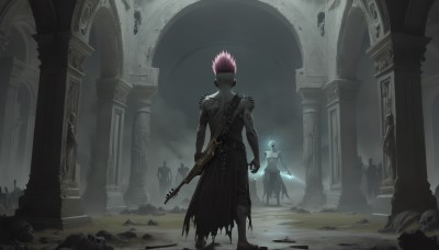 short hair,gloves,1boy,holding,standing,weapon,pink hair,male focus,outdoors,multiple boys,solo focus,pants,sword,cloud,2boys,from behind,holding weapon,gun,torn clothes,tattoo,muscular,glowing,spiked hair,holding gun,scenery,rifle,topless male,ruins,multiple others,pillar,statue,jewelry,belt,back,halo,holding sword,black pants,sheath,dual wielding,rock,facing away,bald,rubble