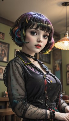 1girl,solo,breasts,looking at viewer,short hair,bangs,shirt,black hair,hair ornament,long sleeves,jewelry,medium breasts,closed mouth,standing,collarbone,upper body,multicolored hair,parted lips,choker,collared shirt,belt,artist name,indoors,blunt bangs,necklace,nail polish,blurry,black eyes,collar,bracelet,from side,two-tone hair,lips,streaked hair,fingernails,see-through,black shirt,eyelashes,makeup,buttons,depth of field,blurry background,watermark,black choker,bob cut,own hands together,lipstick,lace trim,lace,buckle,eyeshadow,freckles,nose,red lips,lamp,mascara,ceiling,blush,skirt,large breasts,ribbon,green hair,hairclip,striped,light particles,pink lips,realistic,eyeliner,ceiling light