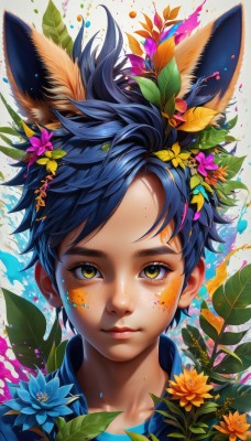 1girl,solo,looking at viewer,smile,short hair,bangs,hair ornament,1boy,white background,animal ears,closed mouth,blue hair,collarbone,yellow eyes,flower,male focus,artist name,hair flower,lips,eyelashes,makeup,leaf,plant,portrait,extra ears,androgynous,freckles,blue flower,pink lips,yellow flower,nose,orange flower,paint splatter,paint,paint splatter on face,fox ears,blue shirt,spiked hair,pink flower,facepaint,colorful