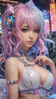 1girl,solo,long hair,breasts,looking at viewer,bangs,blue eyes,hair ornament,animal ears,cleavage,bare shoulders,jewelry,medium breasts,closed mouth,underwear,swimsuit,upper body,pink hair,bikini,multicolored hair,outdoors,shiny,cat ears,nail polish,bra,lips,fingernails,wet,eyelashes,makeup,headgear,gem,armlet,rain,city,parted lips,artist name,necklace,headphones,watermark,building,armband,pink lips,realistic,nose