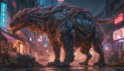 open mouth, outdoors, teeth, no humans, night, sharp teeth, building, motor vehicle, claws, science fiction, rain, monster, city, sign, road, street, cyberpunk, neon lights, kaijuu