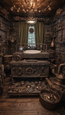 sky,indoors,cup,book,no humans,window,chair,table,curtains,scenery,lantern,wooden floor,fantasy,clock,bookshelf,lamp,candle,shelf,gears,candlestand,chandelier,globe,steampunk,weighing scale,telescope,loaded interior,day,ceiling light